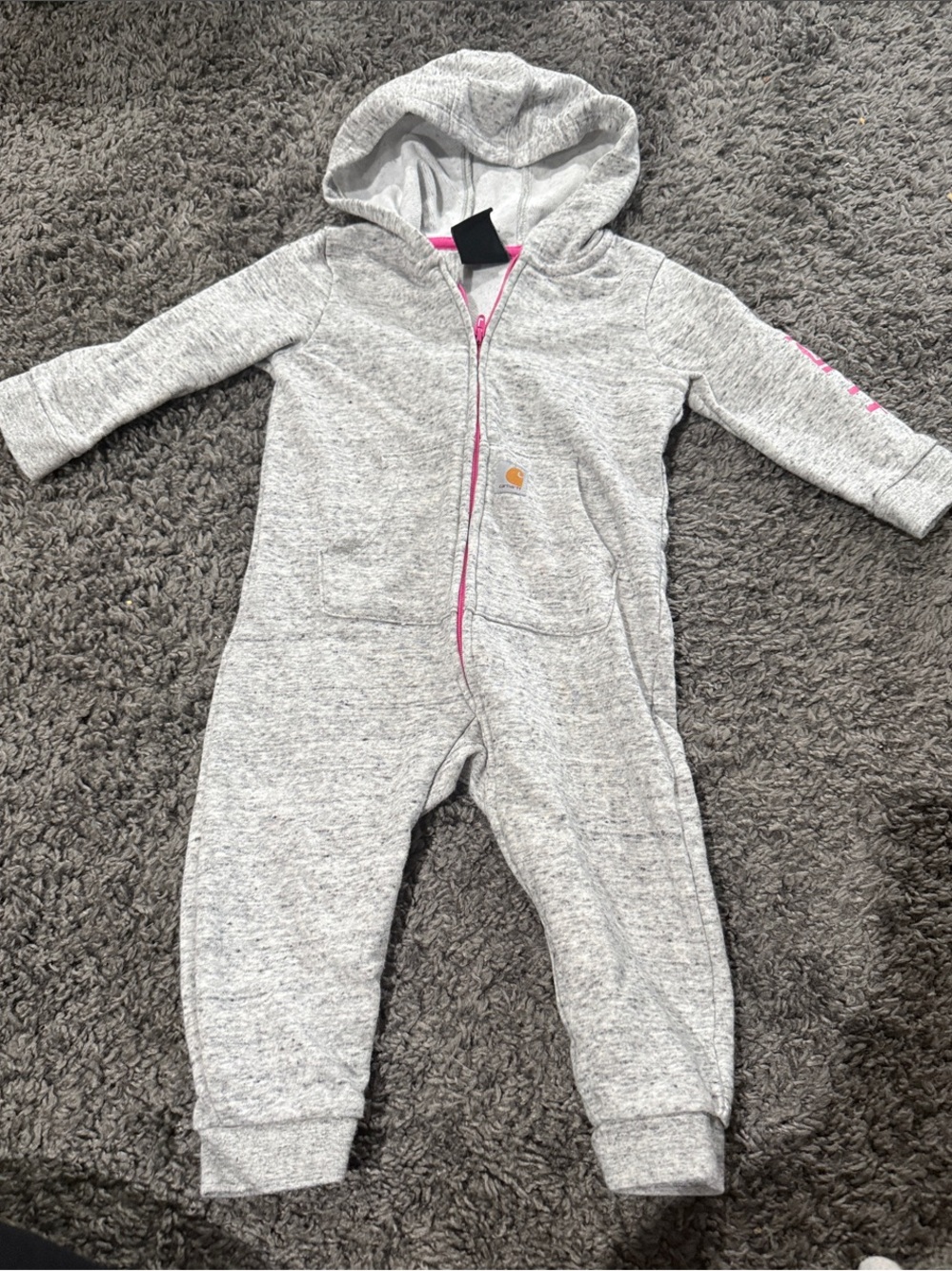 Carhartt Gray Hooded One-Piece Footie with Pink Trim